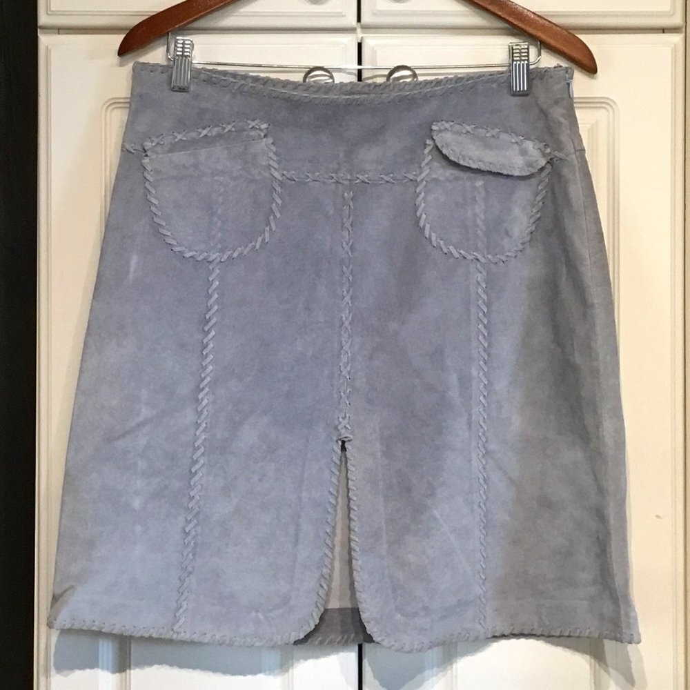 June Light Blue 100% Leather Skirt w/Whip Stitch Accents
